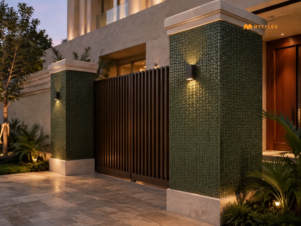 Olive Green Chevron Mosaic Tile In Pillar